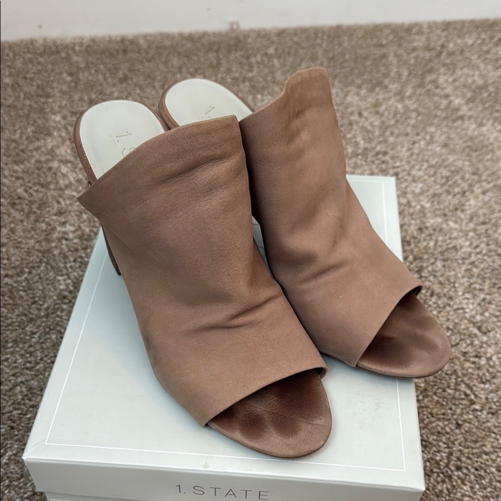 1. State Women's Tan Peep-Toe Mules